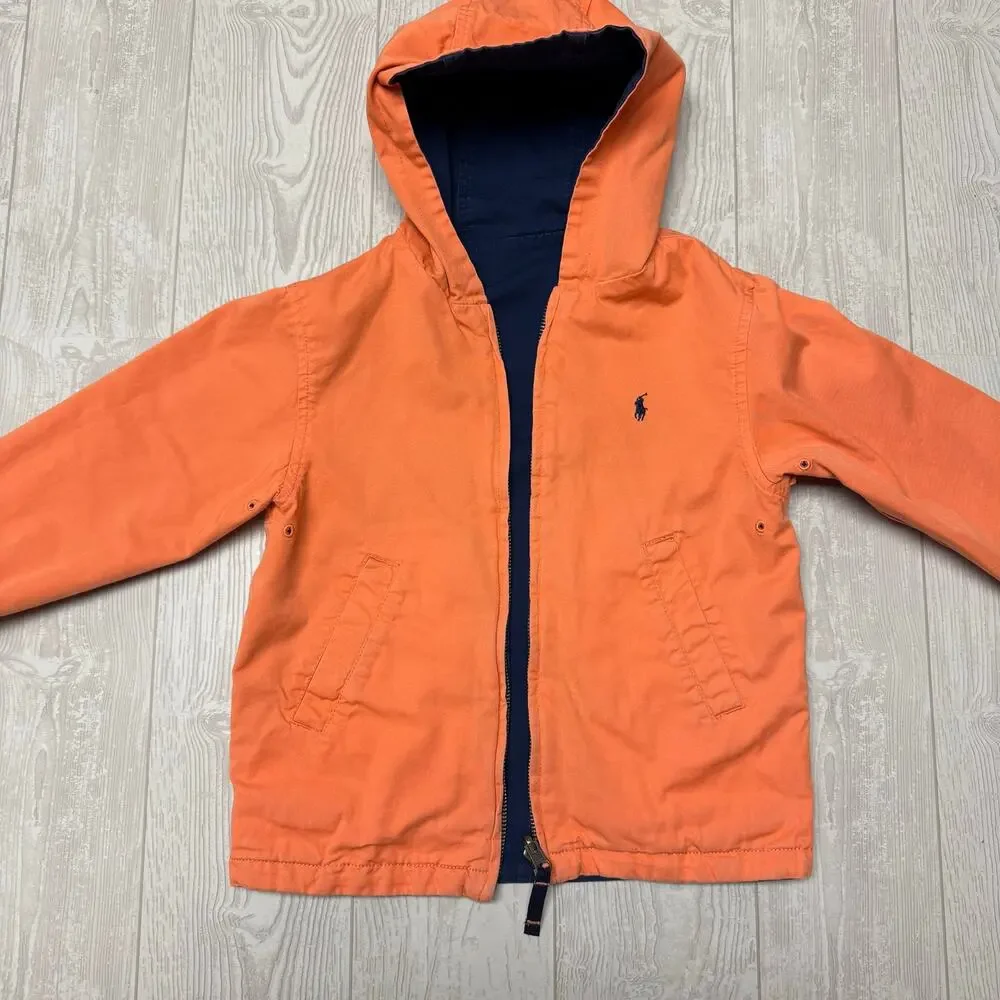 Polo Ralph Lauren Boys Toddler Reversible Hooded Jacket Navy Blue Orange Coat